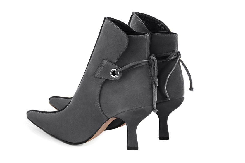 Dark grey women's ankle boots with laces at the back. Pointed toe. High slim heel. Rear view - Florence KOOIJMAN